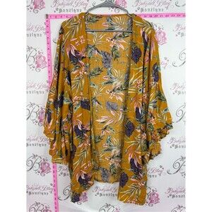 Kimono cardigan floral flowers yellow Mustard Floral Ruffle Sleeve Kimono